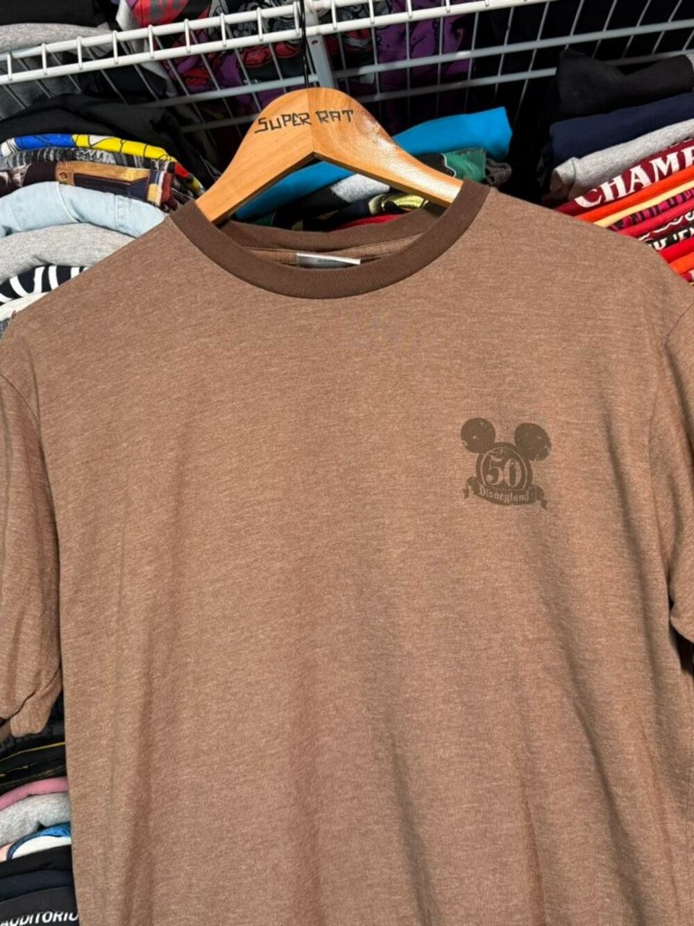Vintage Disneyland brown Mickey Mouse 50th Anniversary ringer tee